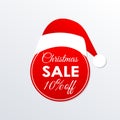 Christmas sale icon. 10% price off badge. Xmas and holiday discount design element with Santa Claus hat. Shopping decoration Royalty Free Stock Photo